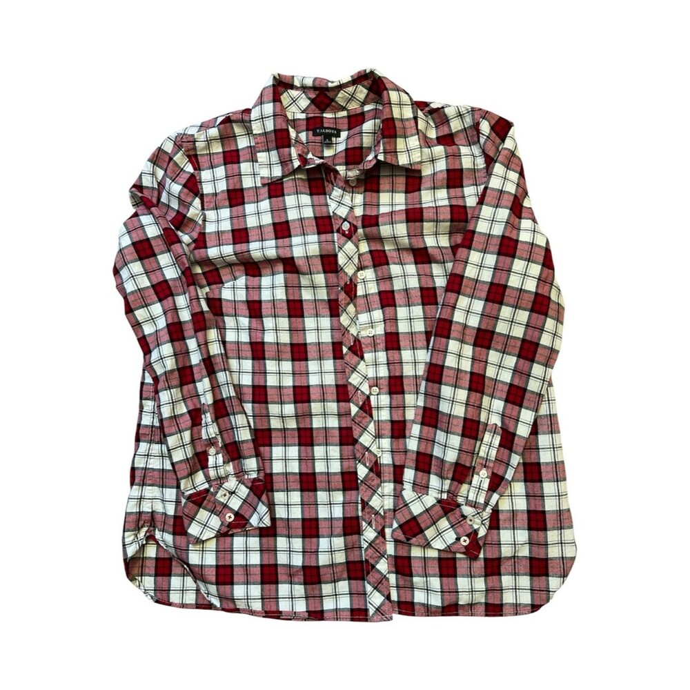 Talbots Women’s Large Red Plaid Shirt Metallic Sparkle Cotton Button Down L